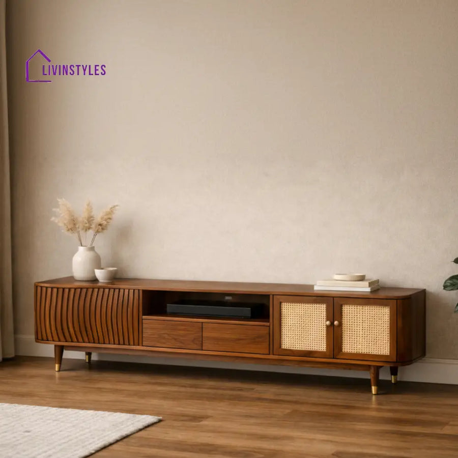 Boho Premium Solid Wood TV Unit with Cane Panel Cabinet
