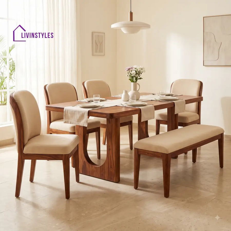 Bolanle Wooden 6 Seater Dining Table Set | 4 Chairs and 1 Bench | Table 72 X 36 X 30 Inch