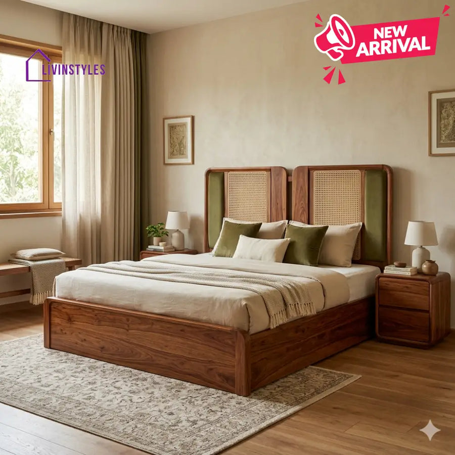 Boris Premium Sheesham Wood Bed with Velvet Headboard