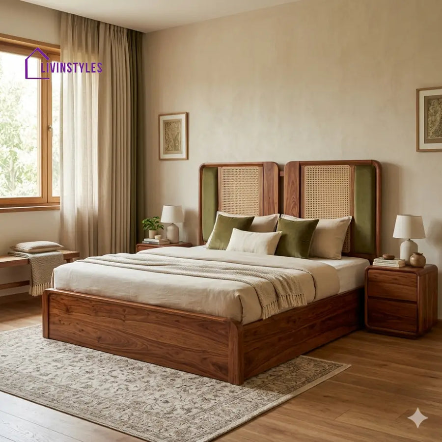 Boris Premium Sheesham Wood Bed with Velvet Headboard
