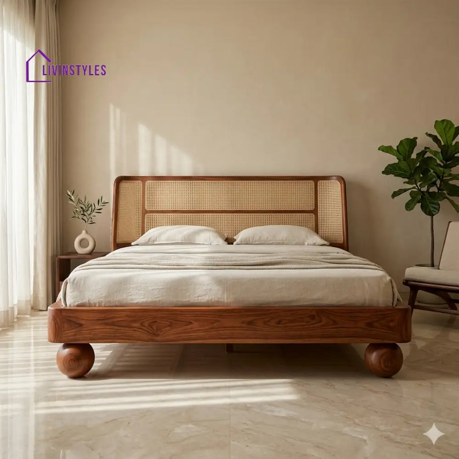 Boris Sheesham Wood Bed with Ball Shaped Legs and Cane Weaving Headboard