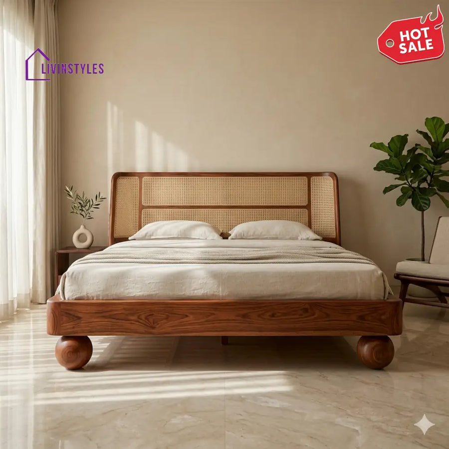 Boris Sheesham Wood Bed with Ball Shaped Legs and Cane Weaving Headboard