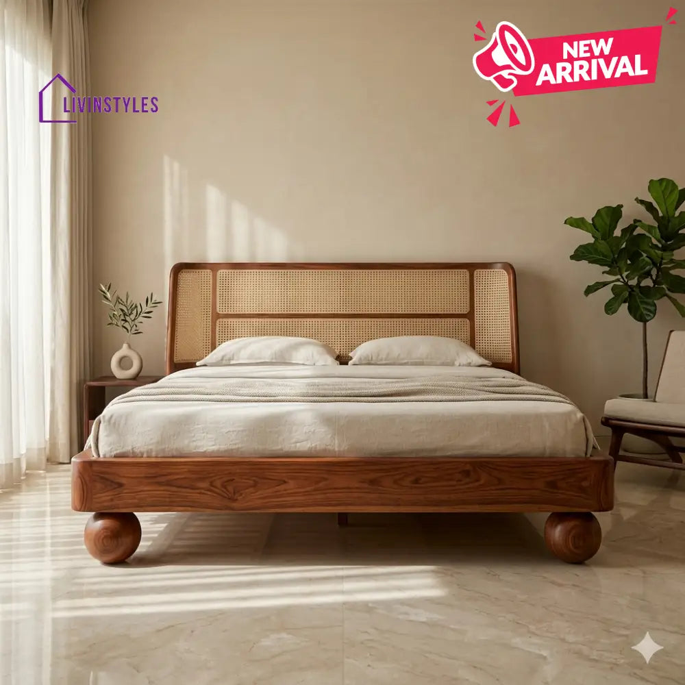 Boris Sheesham Wood Bed with Ball Shaped Legs and Cane Weaving Headboard