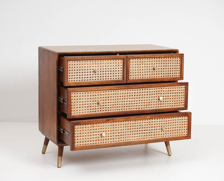 Valentina Solid Wood Rattan Cane Chest of Drawer Four Drawer