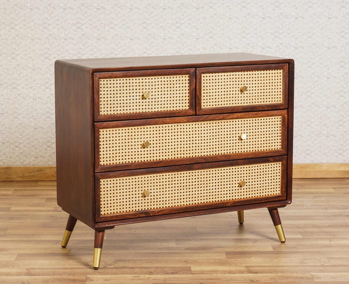 Valentina Solid Wood Rattan Cane Chest of Drawer Four Drawer
