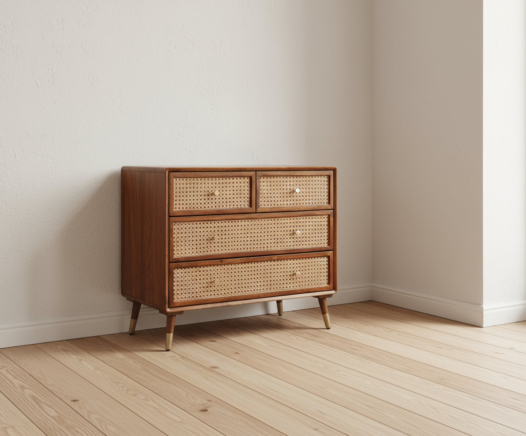 Valentina Solid Wood Rattan Cane Chest of Drawer Four Drawer