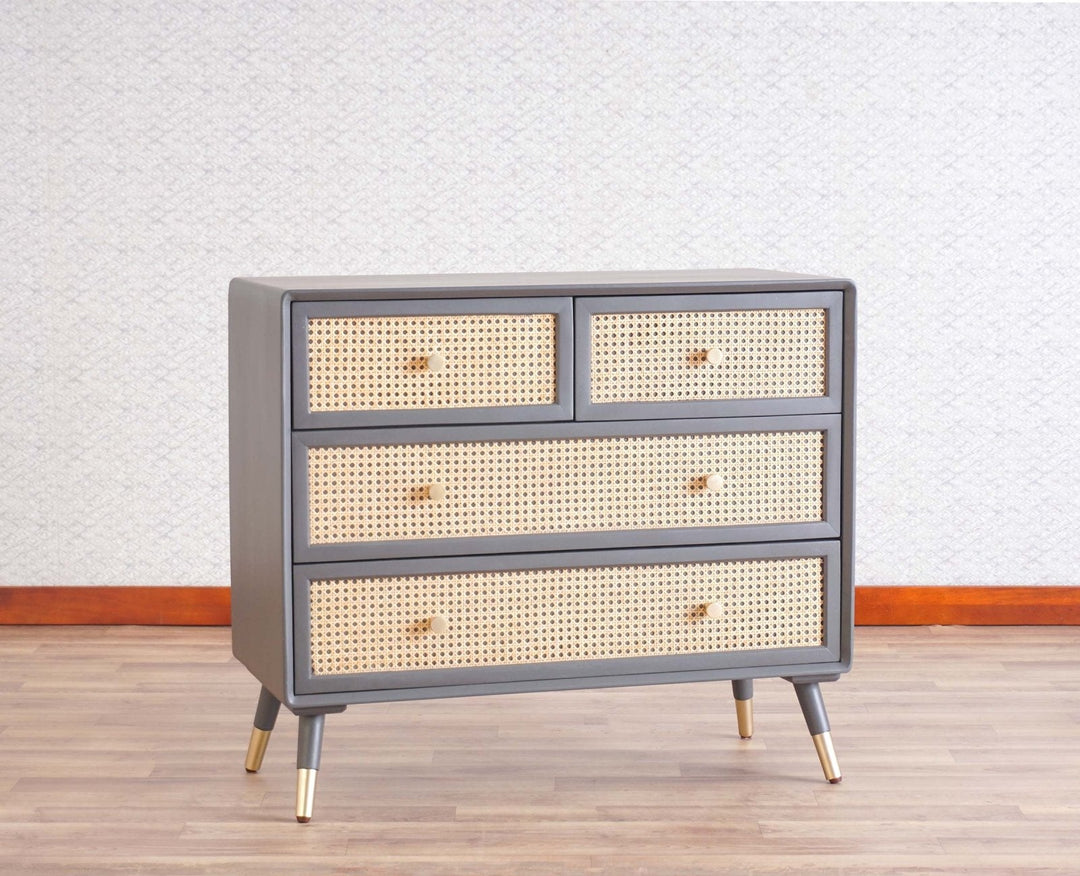 Valentina Solid Wood Rattan Cane Chest of Drawer Four Drawer