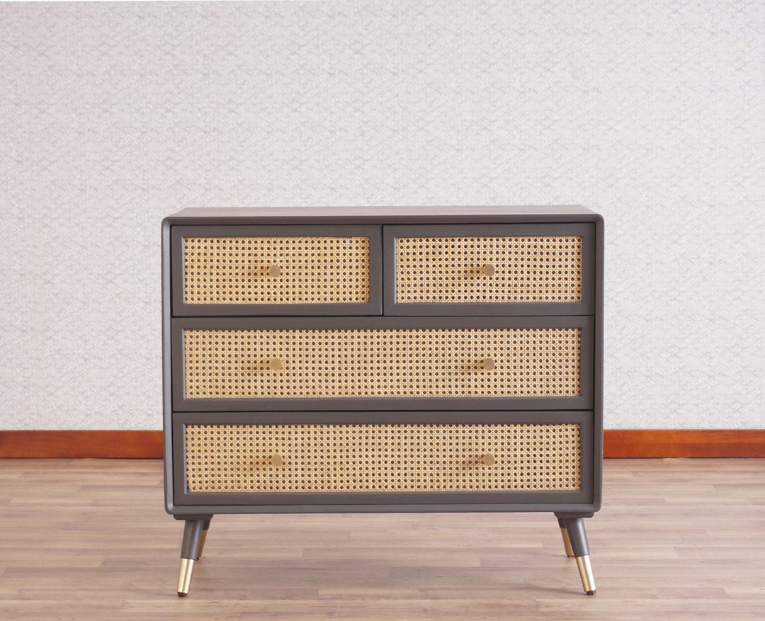 Valentina Solid Wood Rattan Cane Chest of Drawer Four Drawer