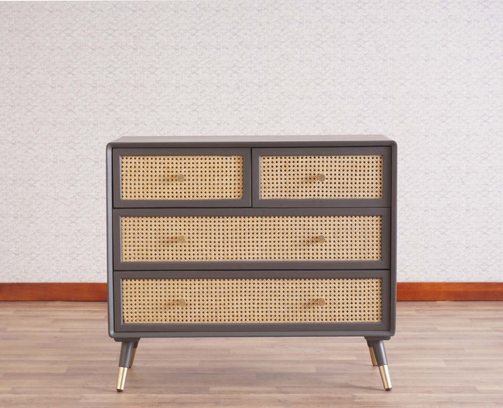 Valentina Solid Wood Rattan Cane Chest of Drawer Four Drawer