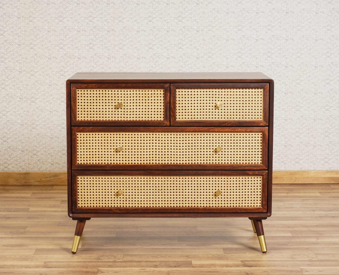 Valentina Solid Wood Rattan Cane Chest of Drawer Four Drawer