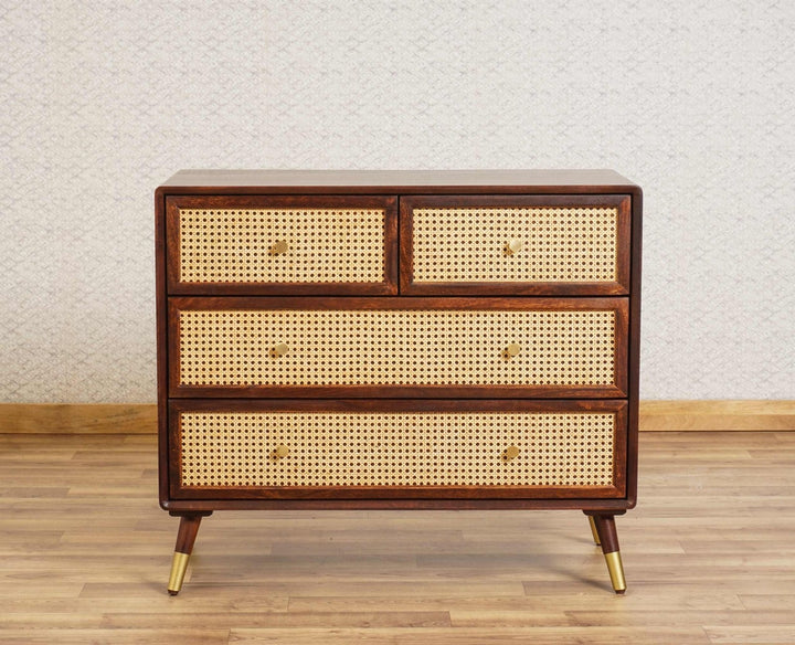 Valentina Solid Wood Rattan Cane Chest of Drawer Four Drawer