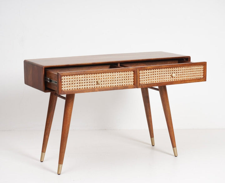 Ana Solid Wood Rattan Cane Study Laptop Table with Two Drawer