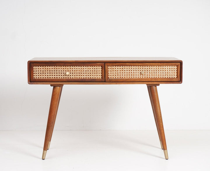Ana Solid Wood Rattan Cane Study Laptop Table with Two Drawer