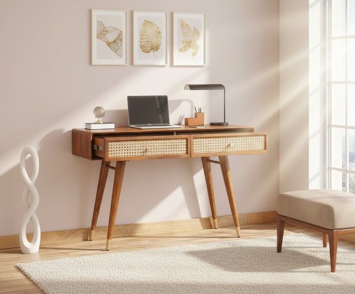 Ana Solid Wood Rattan Cane Study Laptop Table with Two Drawer