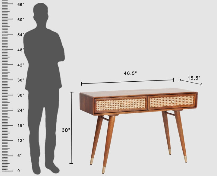 Ana Solid Wood Rattan Cane Study Laptop Table with Two Drawer