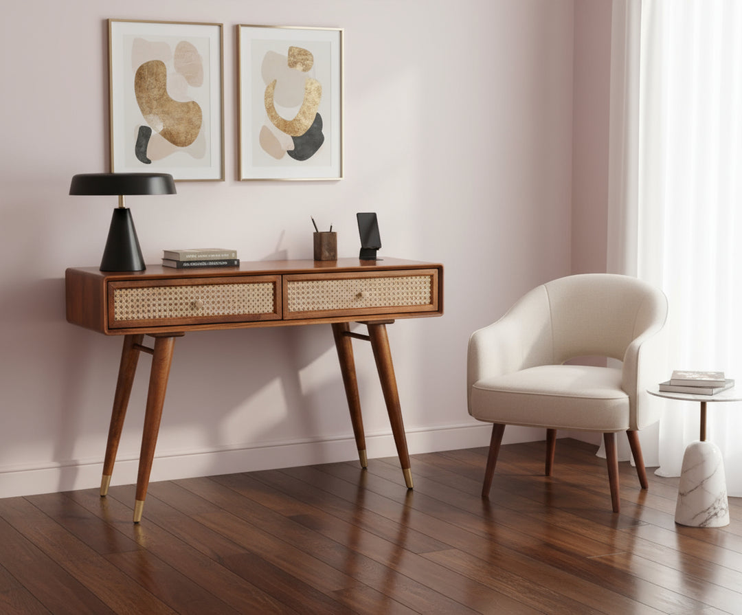 Ana Solid Wood Rattan Cane Study Laptop Table with Two Drawer
