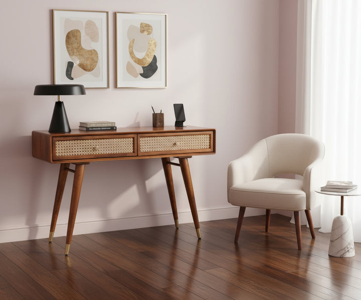 Ana Solid Wood Rattan Cane Study Laptop Table with Two Drawer