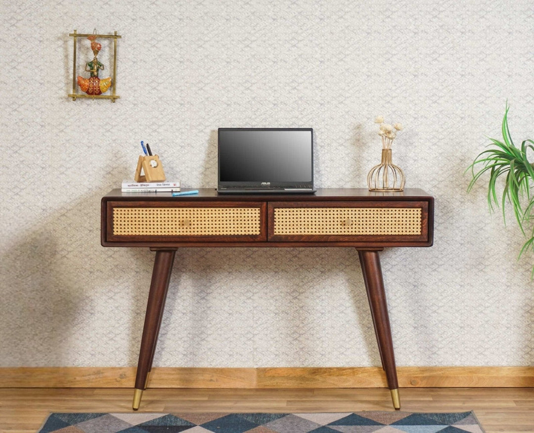 Ana Solid Wood Rattan Cane Study Laptop Table with Two Drawer