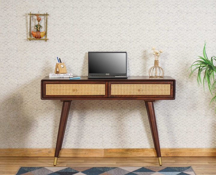Ana Solid Wood Rattan Cane Study Laptop Table with Two Drawer
