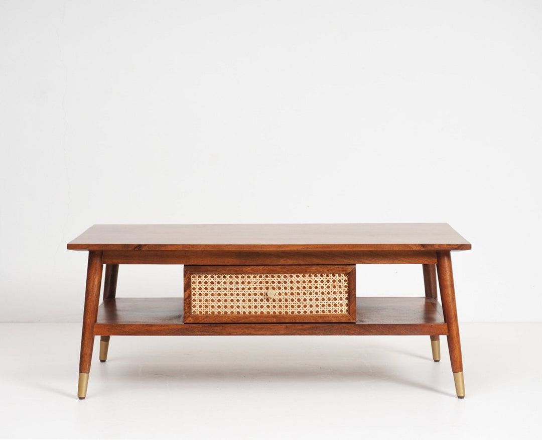 Daria Solid Wood Rattan Cane One Drawer Coffee Table