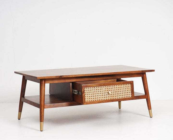 Daria Solid Wood Rattan Cane One Drawer Coffee Table