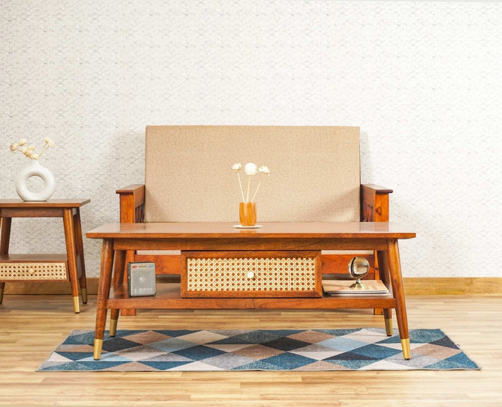 Boston Solid Wood Rattan Cane One Drawer Coffee Table Furniselan