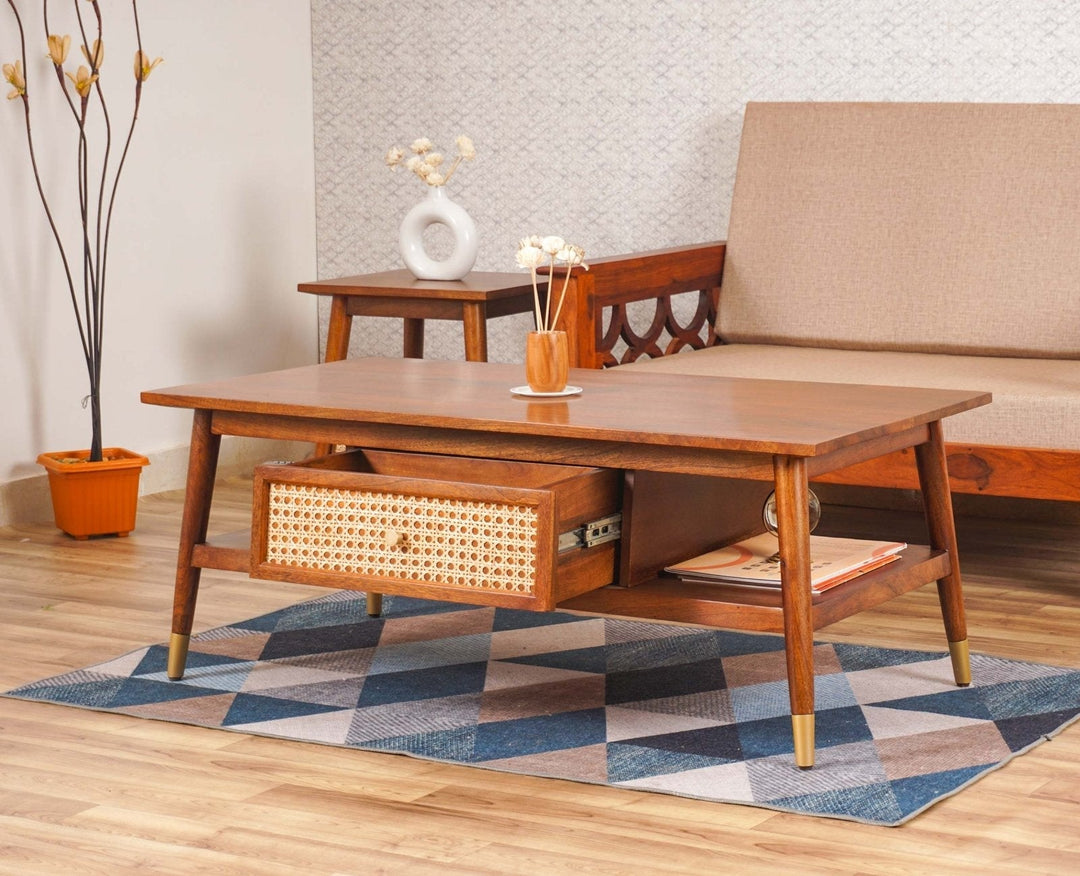 Daria Solid Wood Rattan Cane One Drawer Coffee Table