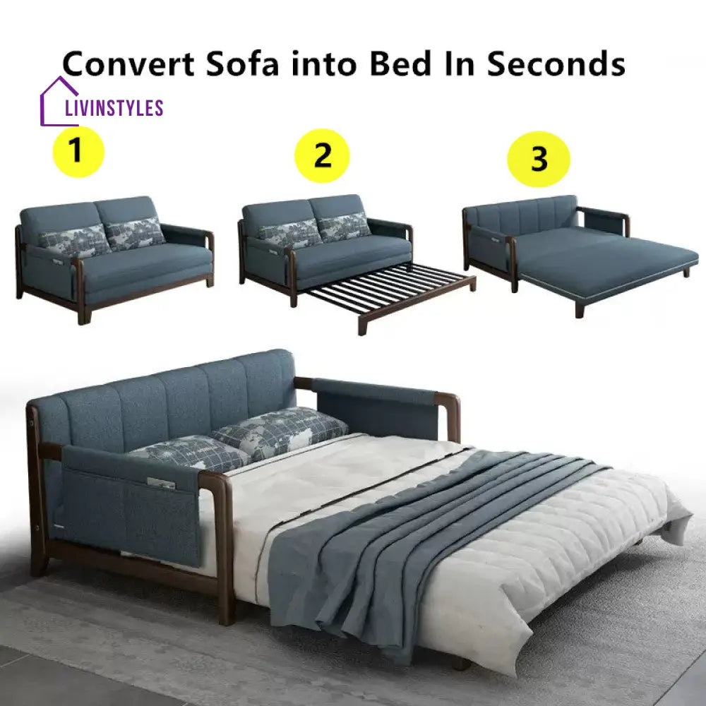 Pull Out Sleeper Sofa Bed with Armrest Storage Pockets Cotton Linen Walnut Frame sleeper sofa bed