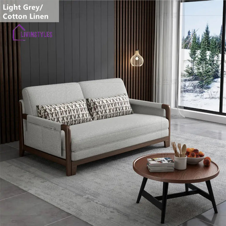 Pull Out Sleeper Sofa Bed with Armrest Storage Pockets Cotton Linen Walnut Frame 1.3M/41INCH / LIGHT GREY-LINEN COTTON