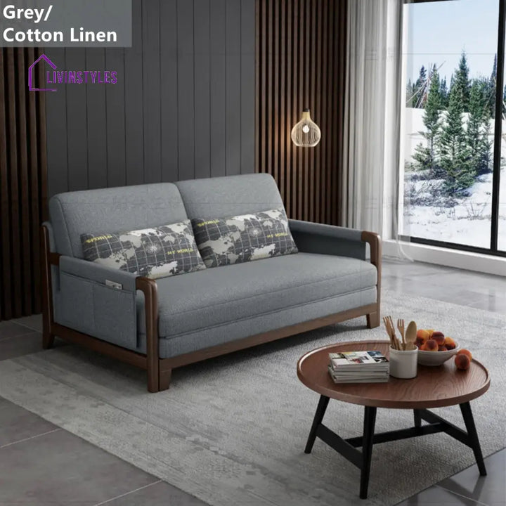 Pull Out Sleeper Sofa Bed with Armrest Storage Pockets Cotton Linen Walnut Frame 1.3M/41INCH / GREY-LINEN COTTON