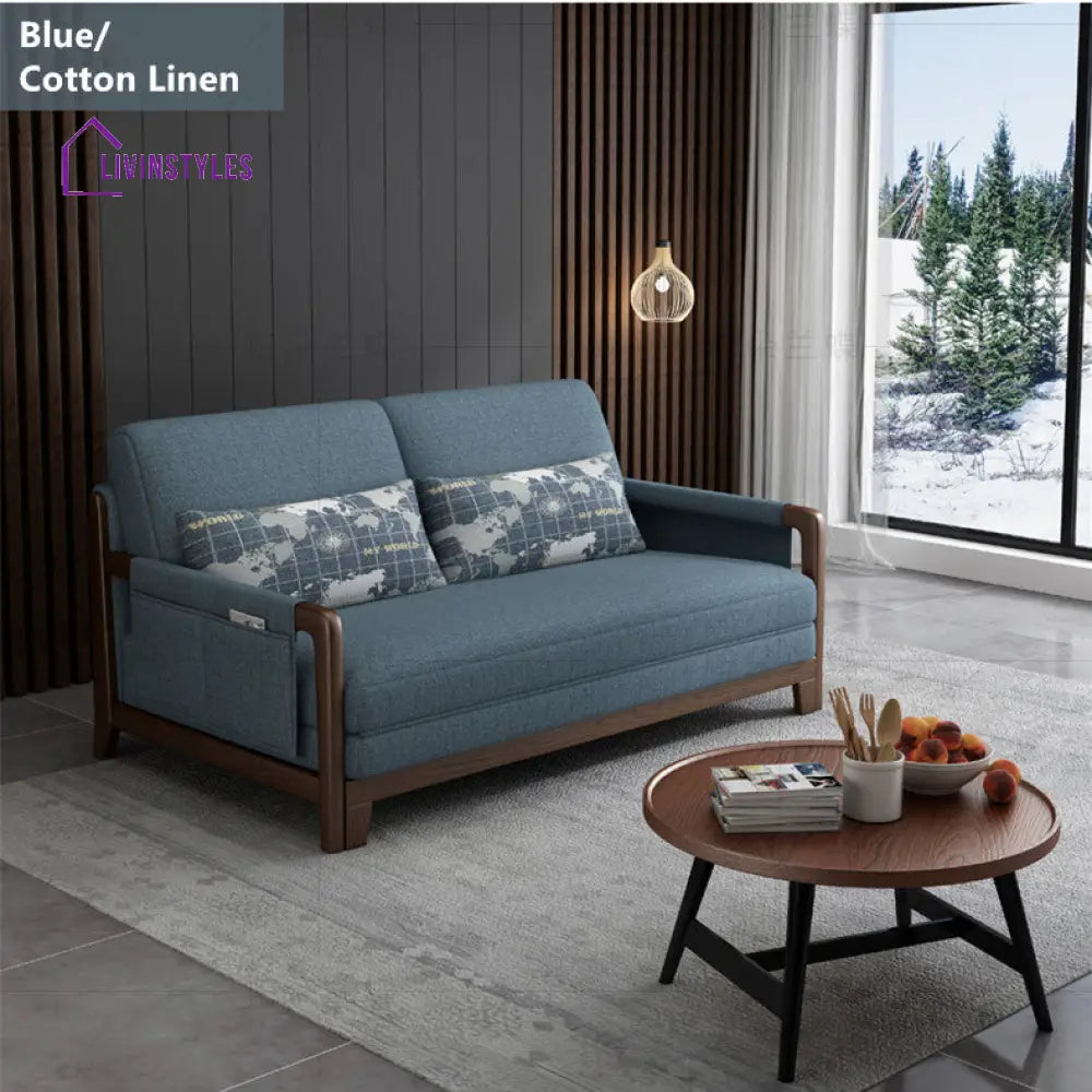 Pull Out Sleeper Sofa Bed with Armrest Storage Pockets Cotton Linen Walnut Frame 1.3M/41INCH / BLUE-LINEN COTTON