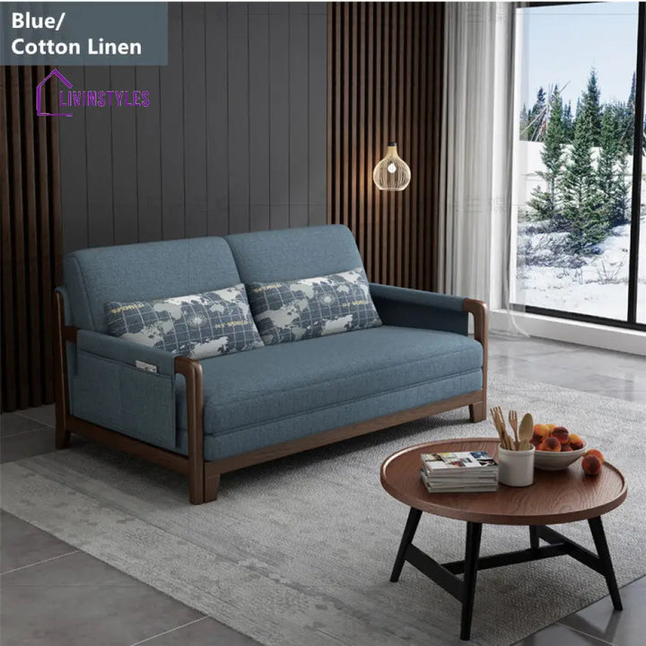 Pull Out Sleeper Sofa Bed with Armrest Storage Pockets Cotton Linen Walnut Frame 1.3M/41INCH / BLUE-LINEN COTTON