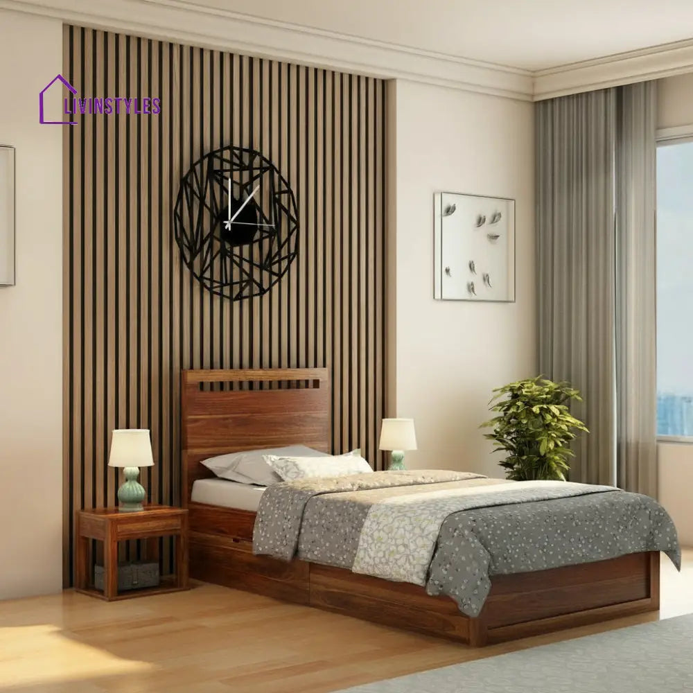 Brenda Solid Sheesham Wood Single Bed With Two Drawers (Natural Finish) Bed