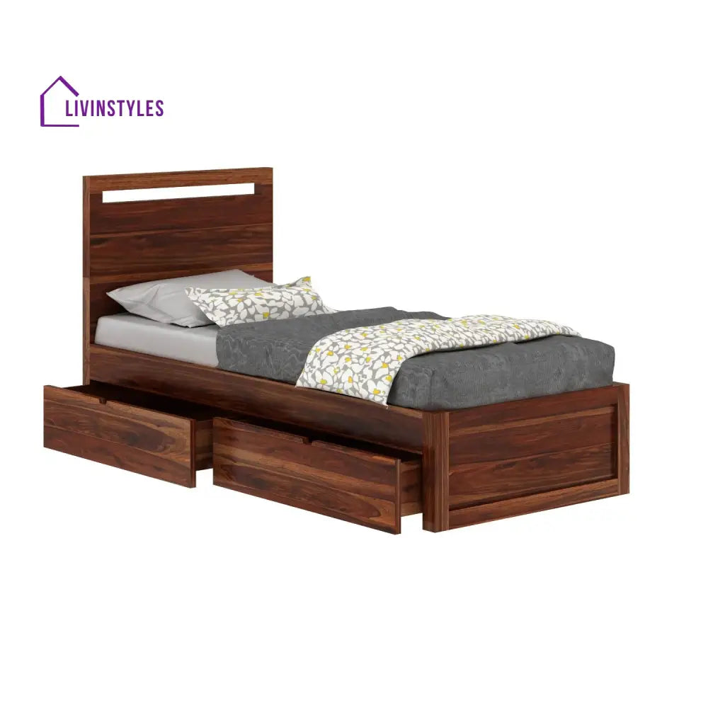 Brenda Solid Sheesham Wood Single Bed With Two Drawers (Natural Finish) Bed