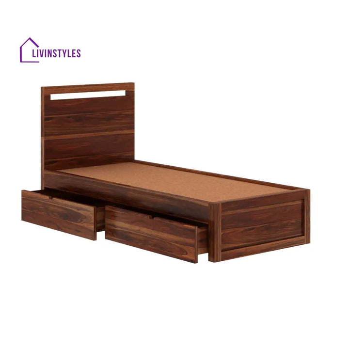Brenda Solid Sheesham Wood Single Bed With Two Drawers (Natural Finish) Bed