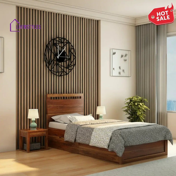 Brenda Solid Sheesham Wood Single Bed With Two Drawers (Natural Finish) Bed