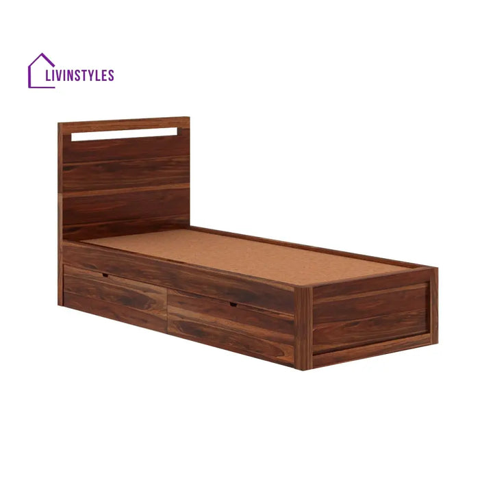 Brenda Solid Sheesham Wood Single Bed With Two Drawers (Natural Finish) Bed
