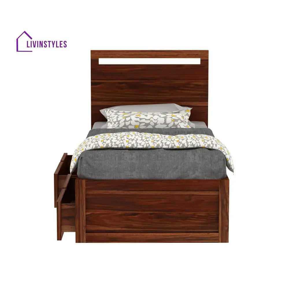 Brenda Solid Sheesham Wood Single Bed With Two Drawers (Natural Finish) Bed