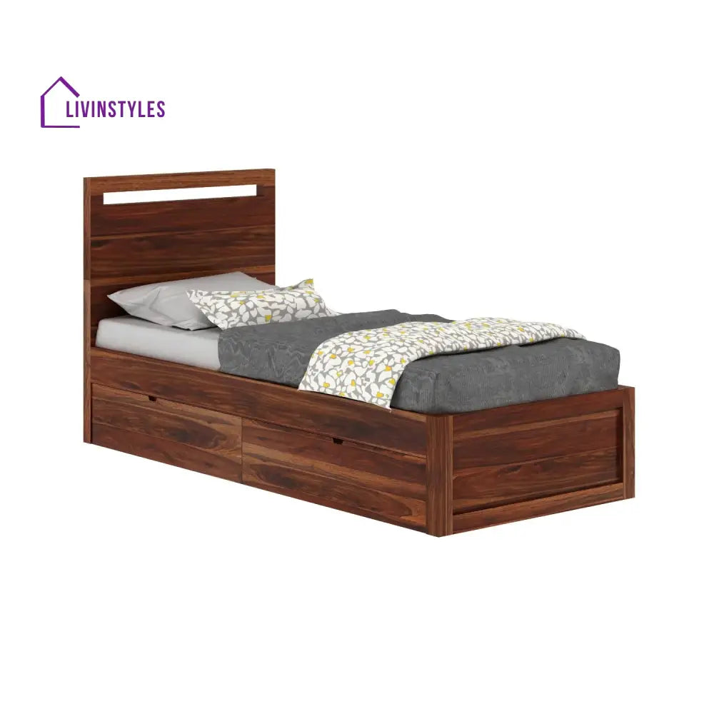 Brenda Solid Sheesham Wood Single Bed With Two Drawers (Natural Finish) Bed