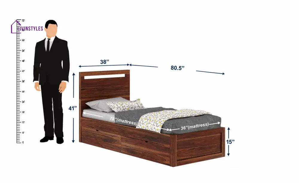 Brenda Solid Sheesham Wood Single Bed With Two Drawers (Natural Finish) Bed