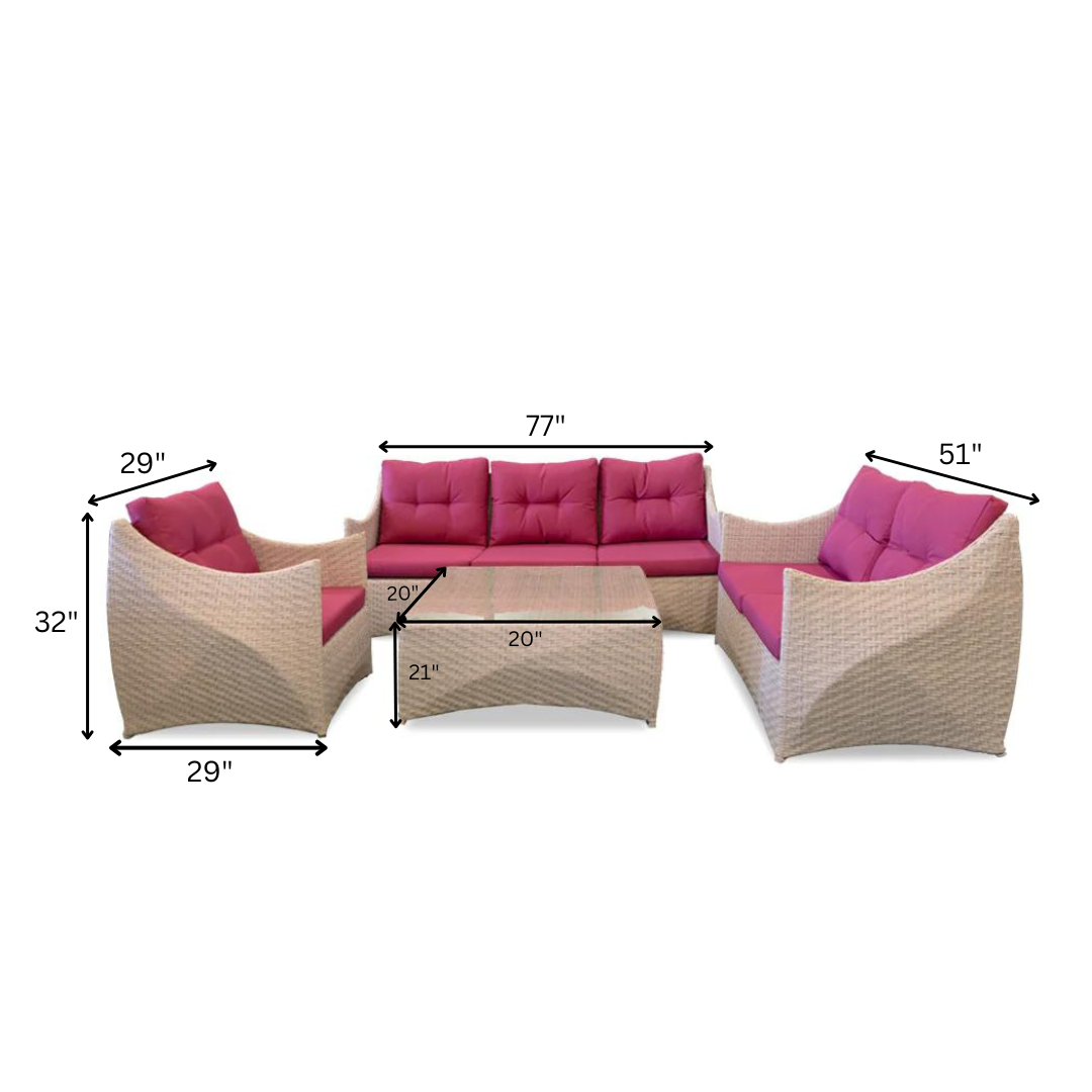 Avila Outdoor Garden Balcony Sofa Set 3 Seater, 2 Seater, 1 Single Seater and 1 Center Table Set (Cream & Pink)