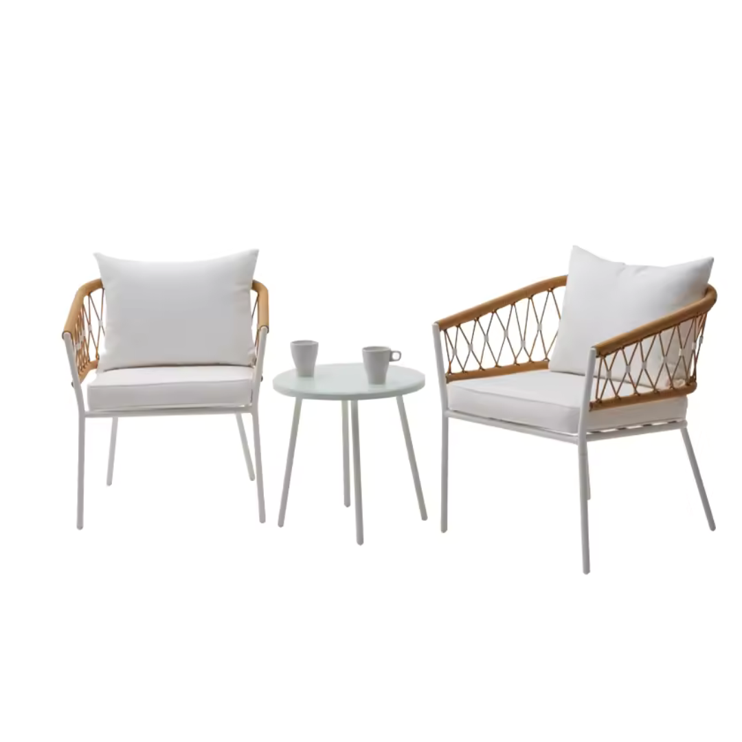 Eusbio Outdoor Patio Seating Set 2 Chairs and 1 Table Set Braided & Rope (Honey/White)