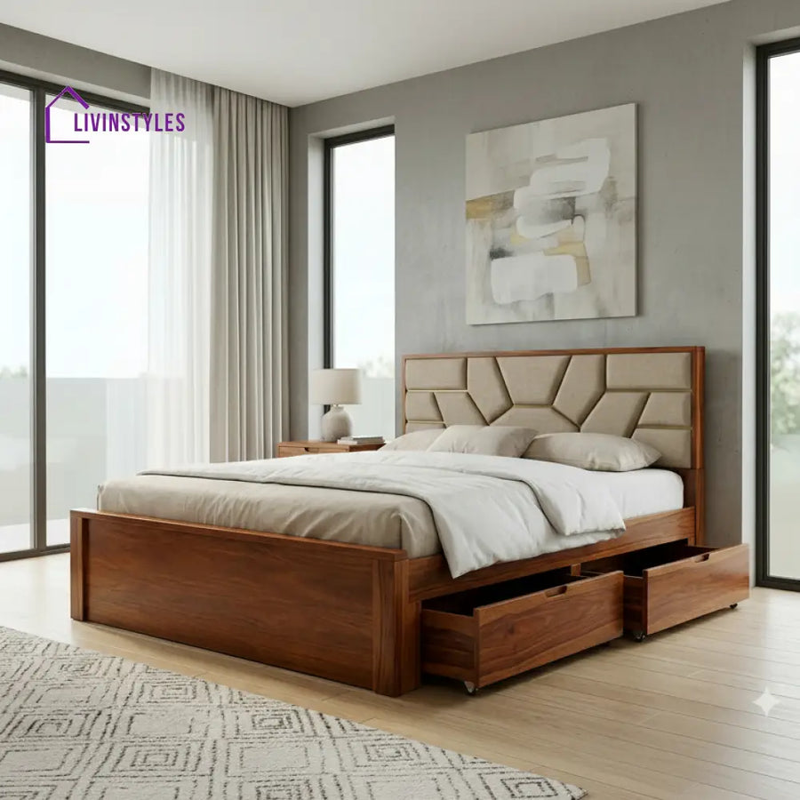 Brianna Premium Sheesham Wood Bed with Fabric Headboard