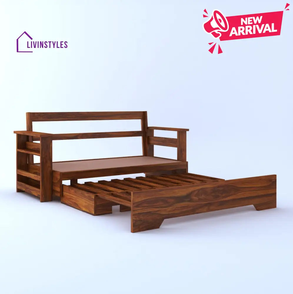 Brielle Solid Sheesham Wood 3 Seater Sofa Cum Bed With Side Pockets Sofa Cum Bed