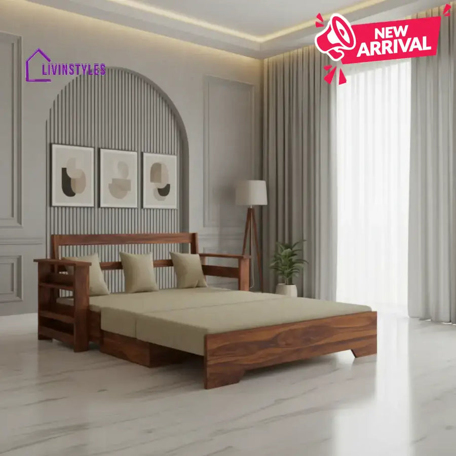 Brielle Solid Sheesham Wood 3 Seater Sofa Cum Bed With Side Pockets Sofa Cum Bed