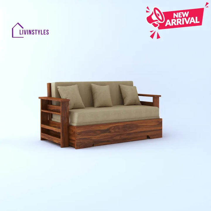 Brielle Solid Sheesham Wood 3 Seater Sofa Cum Bed With Side Pockets Sofa Cum Bed