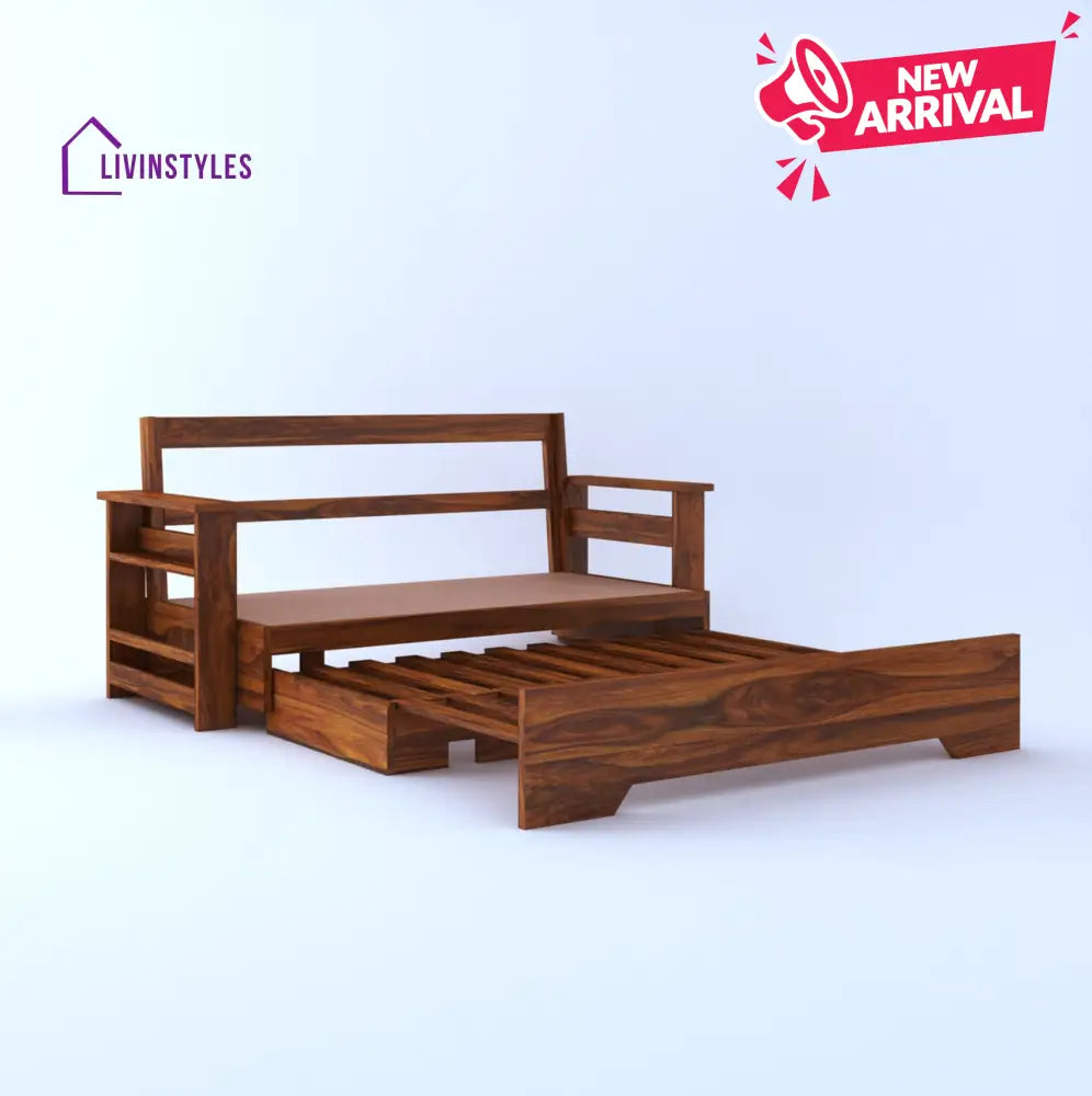 Brielle Solid Sheesham Wood 3 Seater Sofa Cum Bed With Side Pockets Sofa Cum Bed