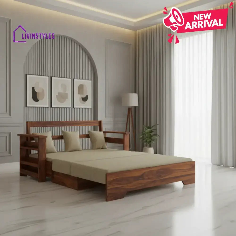 Brielle Solid Sheesham Wood 3 Seater Sofa Cum Bed With Side Pockets Sofa Cum Bed