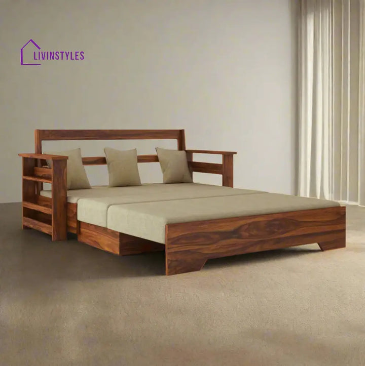 Brielle Solid Sheesham Wood 3 Seater Sofa Cum Bed With Side Pockets Sofa Cum Bed