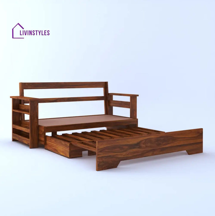 Brielle Solid Sheesham Wood 3 Seater Sofa Cum Bed With Side Pockets Sofa Cum Bed